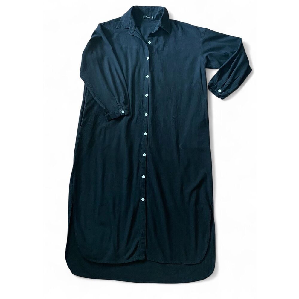GGUHHU Women's Chic Button Down Long Sleeve Midi Black Pockets Shirt-Dress S